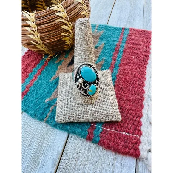 Handcrafted Turquoise & Sterling Silver Cigar Band Ring Size 10.5